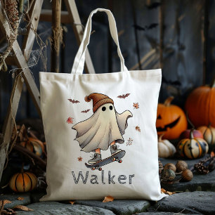 Personalized Skateboard Ghost Trick Or Treat Candy Tote Bag