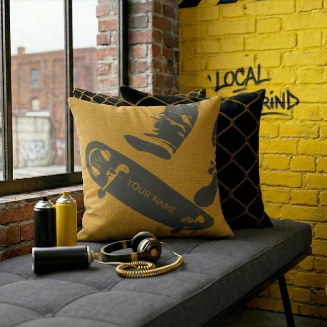 Personalized Skateboard Jump – Black And Gold Throw Pillow (Creator Uploaded)