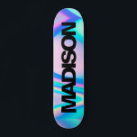 Personalized Skateboard Name Black Holographic<br><div class="desc">Easily personalize this colourful Skateboard on Holographic Rainbow Pastel Wave abstract design featuring black and cool sans serif font on Unicorn aesthetic with a modern and cute touch of fairy. Add your name,  choose font,  change size and position,  add clipart,  photos and shapes.</div>