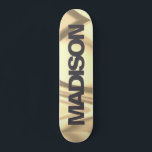 Personalized Skateboard Name Gold Yellow Wave<br><div class="desc">Easily personalize this colourful Skateboard on Gold Yellow Wave abstract design featuring black and cool sans serif font. Add your name,  choose font,  change size and position,  add clipart,  photos and shapes. Simple and beautiful,  perfect as gift idea for boys and girls.</div>