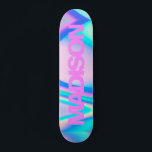 Personalized Skateboard Name Pink Girly Modern<br><div class="desc">Easily personalize this colorful Skateboard on Pink Girly Modern Holographic Rainbow Pastel Wave abstract design featuring black and cool sans serif font on Unicorn aesthetic with a modern and cute touch of fairy. Add your name,  choose font,  change size and position,  add clipart,  photos and shapes.</div>