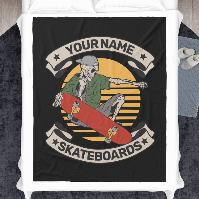 Personalized Skateboard Nose Grab Skeleton Skater  Fleece Blanket (Creator Uploaded)