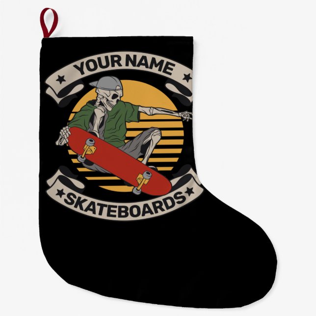 Personalized Skateboard Nose Grab Skeleton Skater  Large Christmas Stocking (Front)