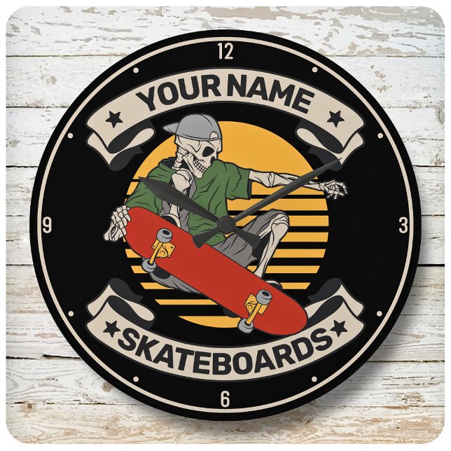 Personalized Skateboard Nose Grab Skeleton Skater Large Clock (Creator Uploaded)