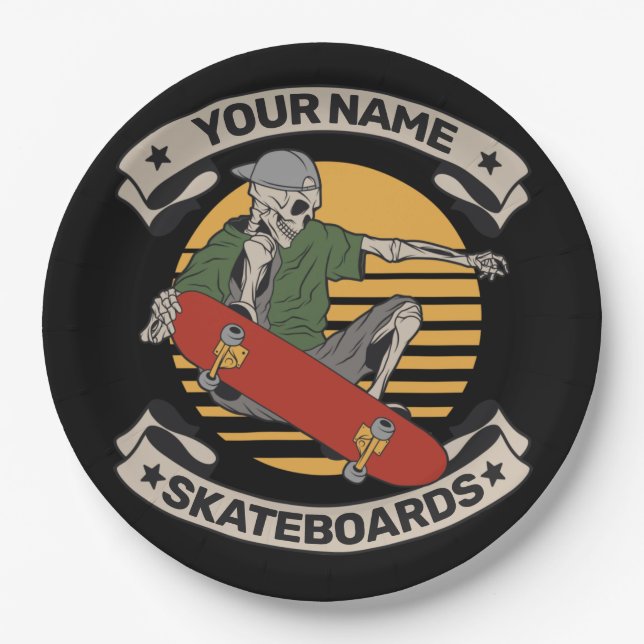 Personalized Skateboard Nose Grab Skeleton Skater  Paper Plate (Front)