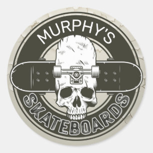 Personalized Skater NAME Skull Skateboarding Skate Classic Round Sticker