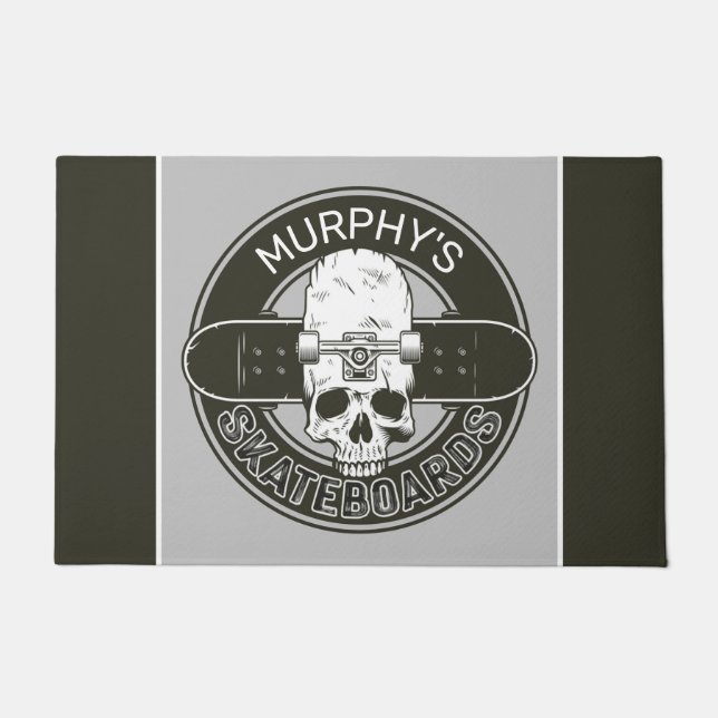 Personalized Skater NAME Skull Skateboarding Skate Doormat (Front)