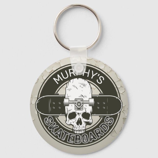 Personalized Skater NAME Skull Skateboarding Skate Keychain (Front)
