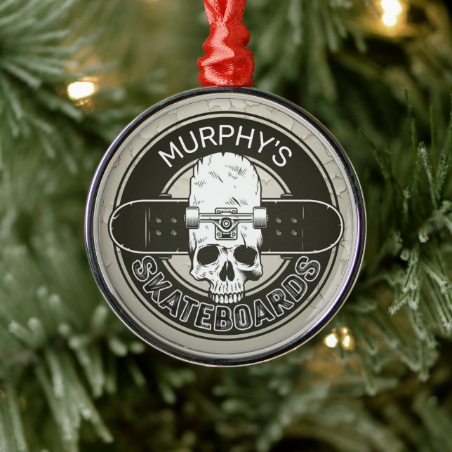 Personalized Skater NAME Skull Skateboarding Skate Metal Ornament (Tree)