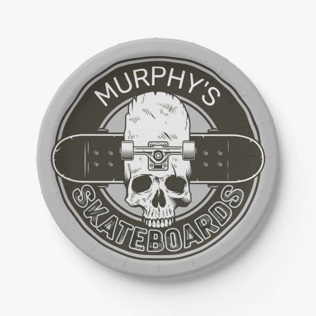 Personalized Skater NAME Skull Skateboarding Skate Paper Plate (Front)