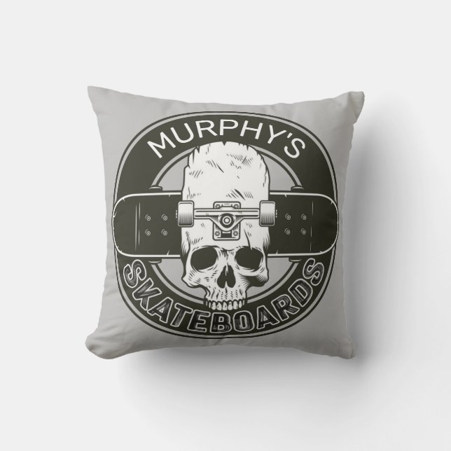 Personalized Skater NAME Skull Skateboarding Skate Throw Pillow (Front)
