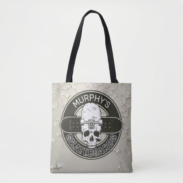Personalized Skater NAME Skull Skateboarding Skate Tote Bag (Front)