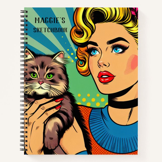 Personalized Sketchbook | Retro Lady and Cat Notebook (Front)