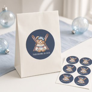 Personalized Ski Teddy Bear 5th Birthday Classic Round Sticker
