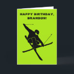Personalized Ski Tricks Birthday Card for Skiers<br><div class="desc">Create the perfect personalized birthday card for your favourite skier. This card features silhouette style illustrations of skiers doing different ski tricks in black. It's ready to be customized with your own message on the front and on the inside of the card.</div>