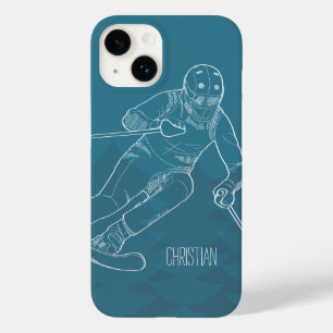 Personalized Skier Sketched Drawing on Blue Case-Mate iPhone 14 Case