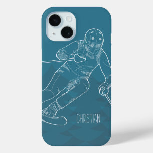 Personalized Skier Sketched Drawing on Blue iPhone 15 Case