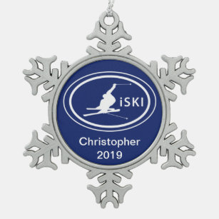 Personalized Skiing iSKI Oval Mountain Snowflake Pewter Christmas Ornament