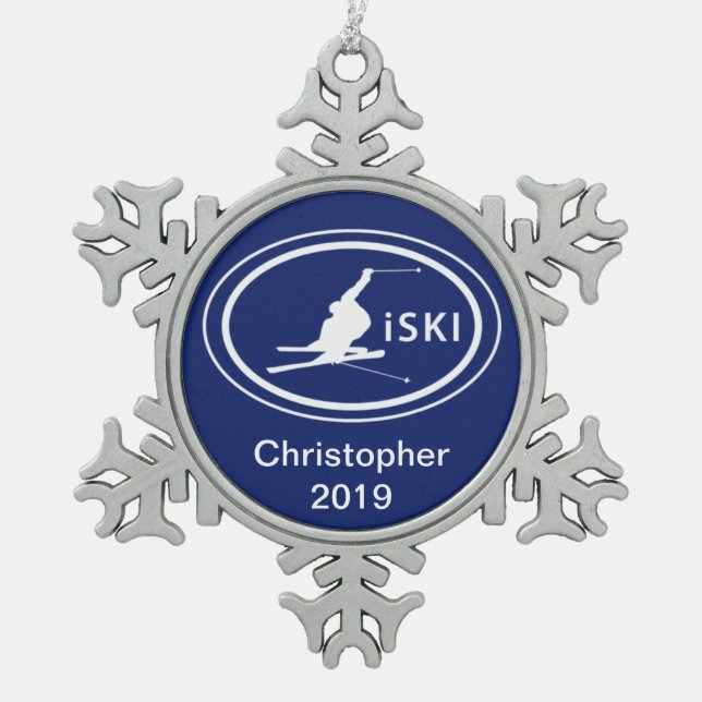 Personalized Skiing iSKI Oval Mountain Snowflake Pewter Christmas Ornament (Front)