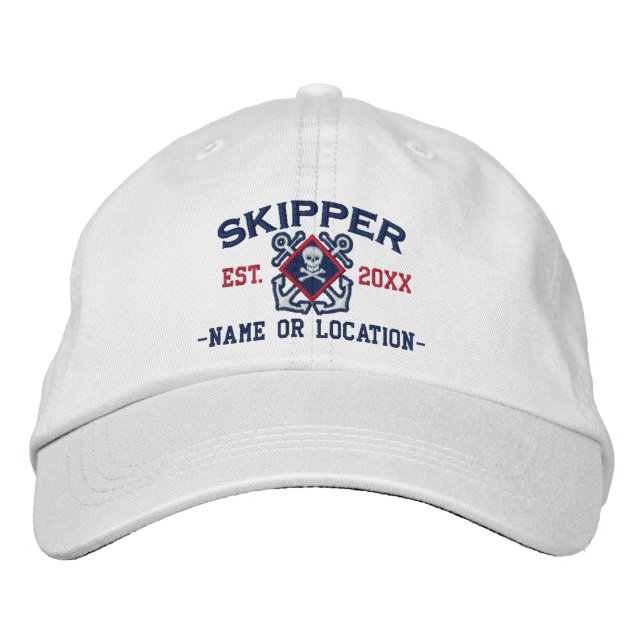 Personalized Skipper Nautical Crossbones Skull Embroidered Hat (Front)