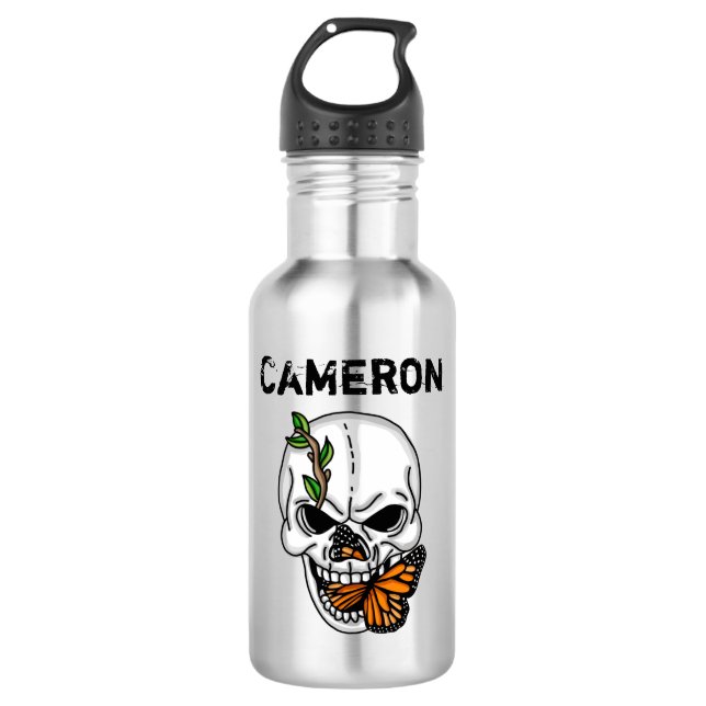 Personalized  Skull and Monarch Butterfly  532 Ml Water Bottle (Front)