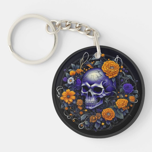 Personalized Skull and Orange Flowers AI art Keychain (Front)
