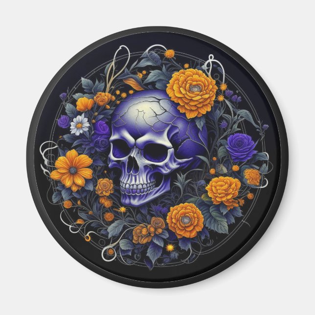 Personalized Skull and Orange Flowers AI art Magnet (Front)