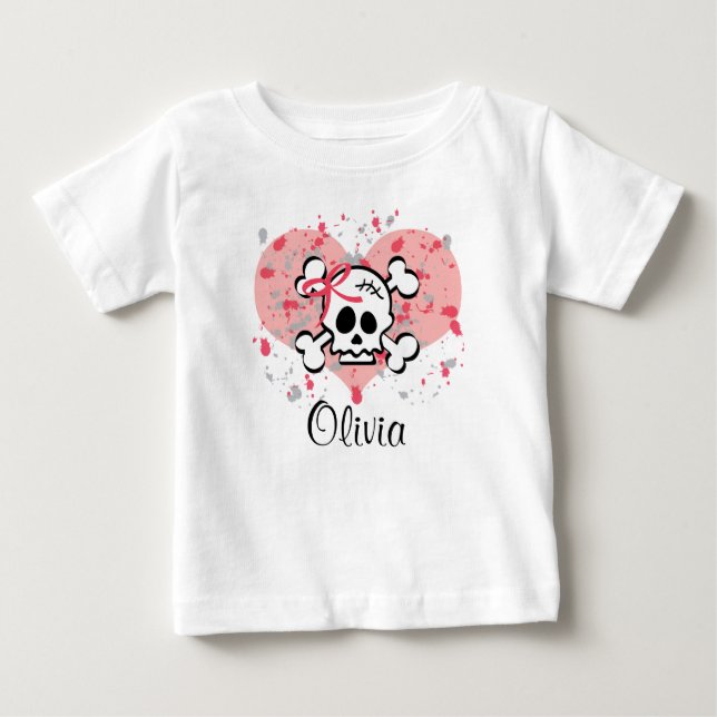 Personalized Skull Infant Tee Pink Bow Heart (Front)