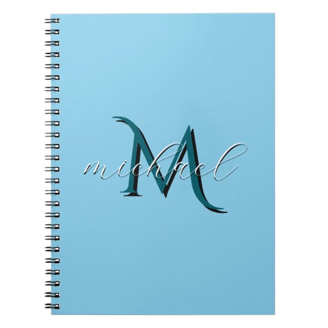 Personalized Sky Blue Monogram Initial and Name Notebook (Front)