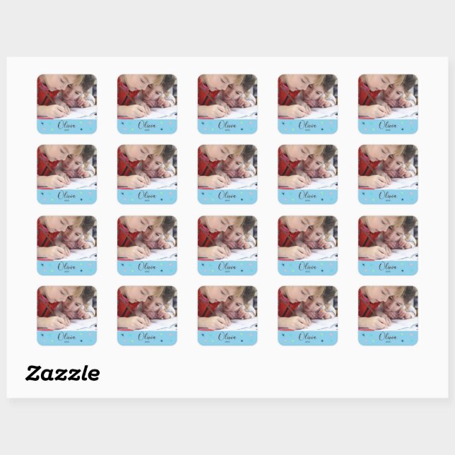 Personalized Sky Blue Photo Name and Date Gift Square Sticker (Sheet)