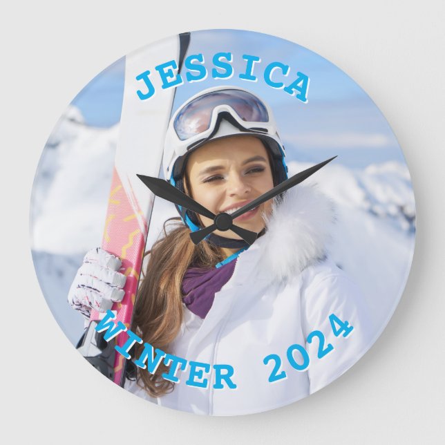 Personalized Sky Blue Text Family Photo Large Clock (Front)