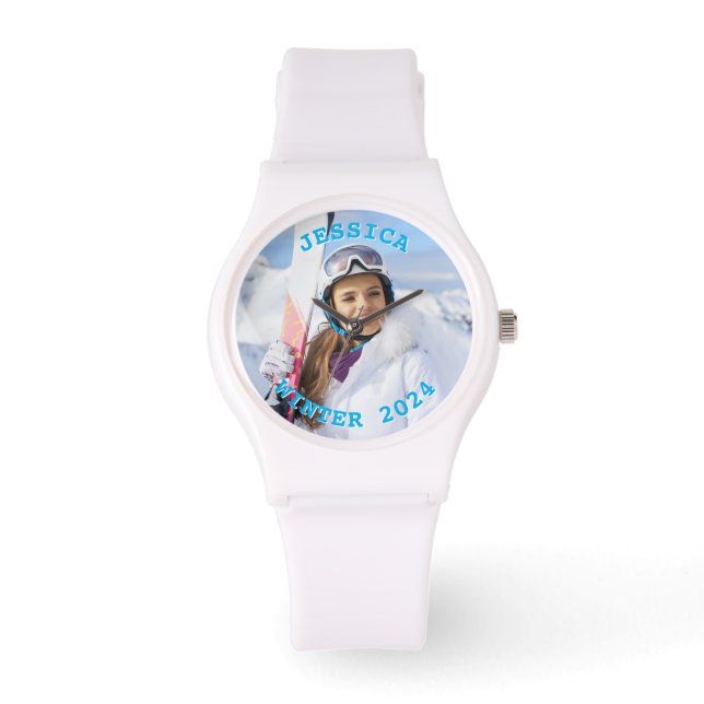Personalized Sky Blue Text Family Photo Watch (Front)
