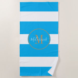 Personalized Sky Blue White Stripes Monogram Beach Towel