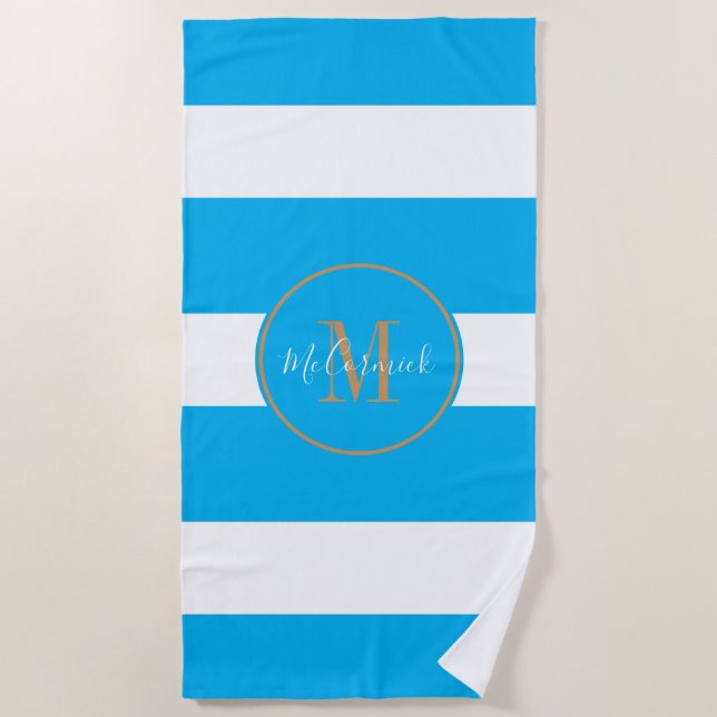 Personalized Sky Blue White Stripes Monogram Beach Towel (Front)