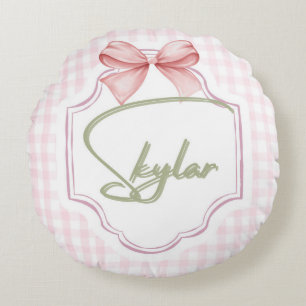 Personalized Skylar Baby Girl Nursery Bow&Gingham Round Pillow