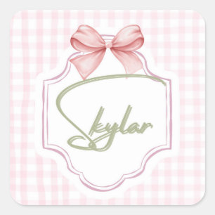 Personalized Skylar Baby Girl Nursery Bow&Gingham Square Sticker