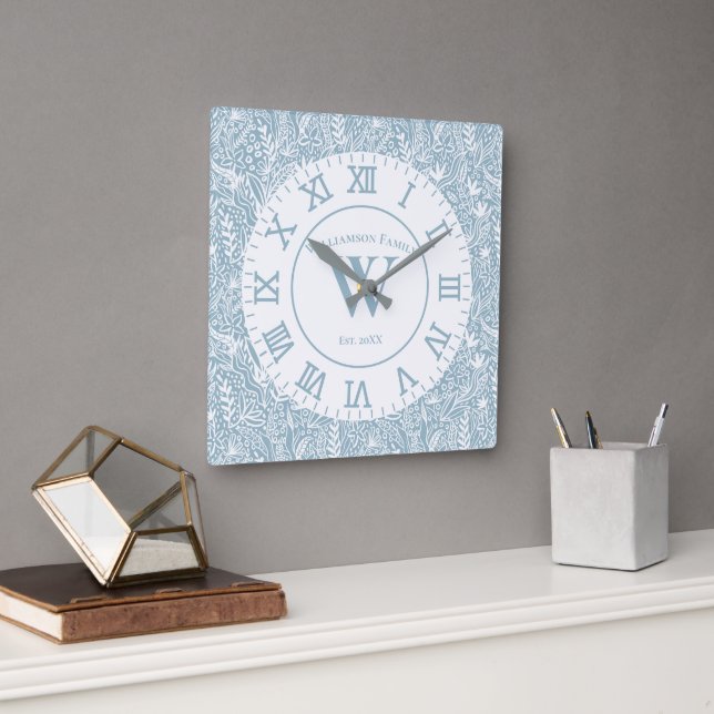 Personalized Slate Blue and White Floral Square Wall Clock (Office)