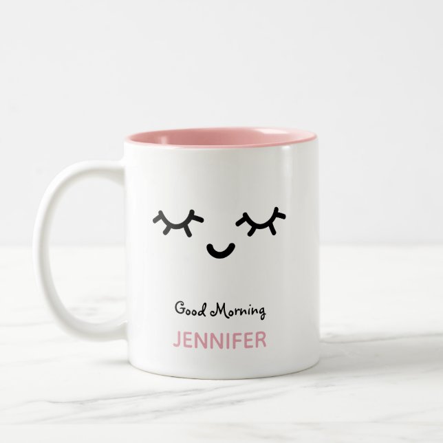 Personalized Sleepy Eye Lashes Pink and Black Two-Tone Coffee Mug (Left)