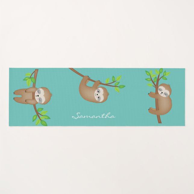 Personalized Sleepy Happy Sloth Cute Yoga Mat (Front (Horizontal))