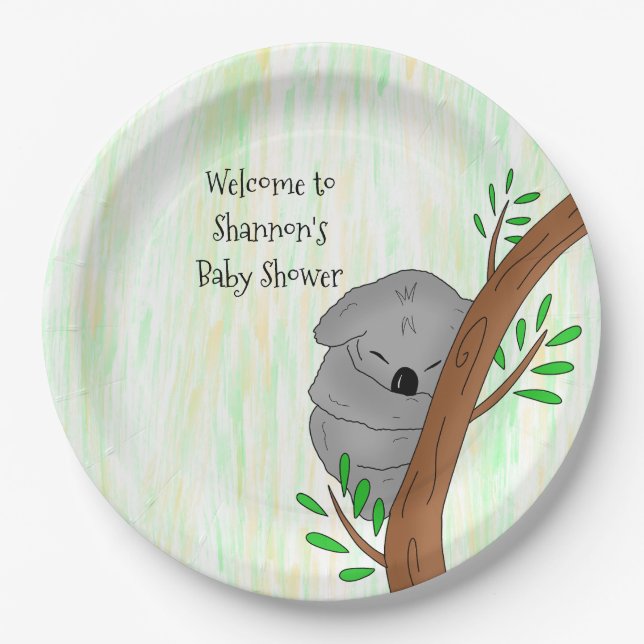 Personalized Sleepy Koala Bear Themed Baby Shower Paper Plate (Front)