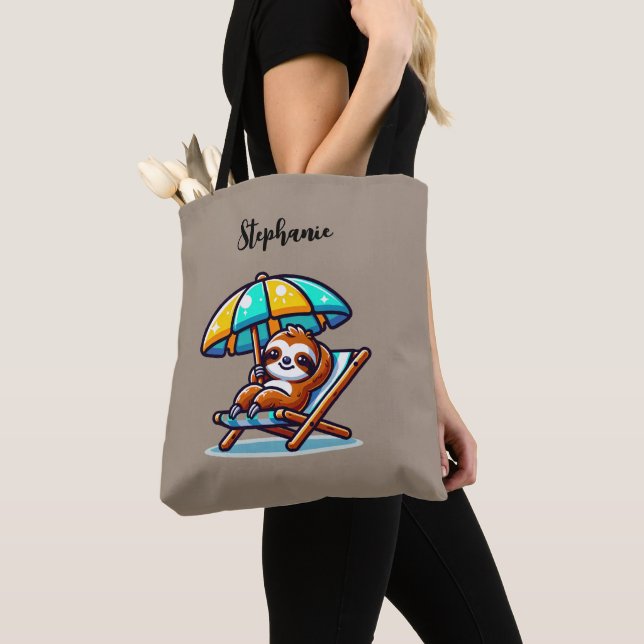 Personalized Sloth at Beach Tote Bag (Close Up)