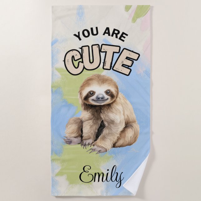 PERSONALIZED SLOTH BEACH TOWEL Green & Blue (Front)
