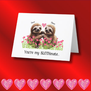 Personalized Sloth Valentine Pink Red Slothmate Holiday Card