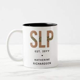 Personalized SLP Speech Pathologist Leopard Print Two-Tone Coffee Mug