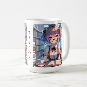 Personalized Smart Anime Girl in Library  Coffee Mug