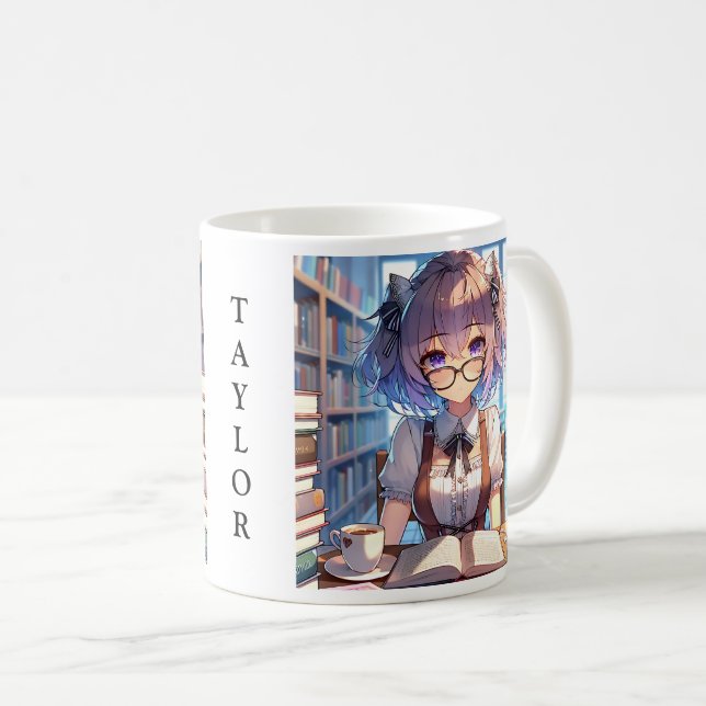 Personalized Smart Anime Girl in Library  Coffee Mug (Front Right)