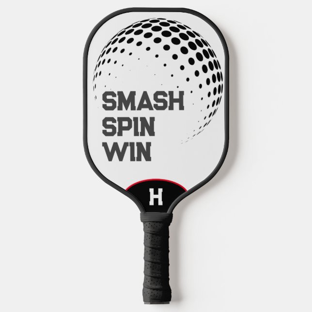 Personalized Smash, Spin, Win White & Black Pickleball Paddle (Front)