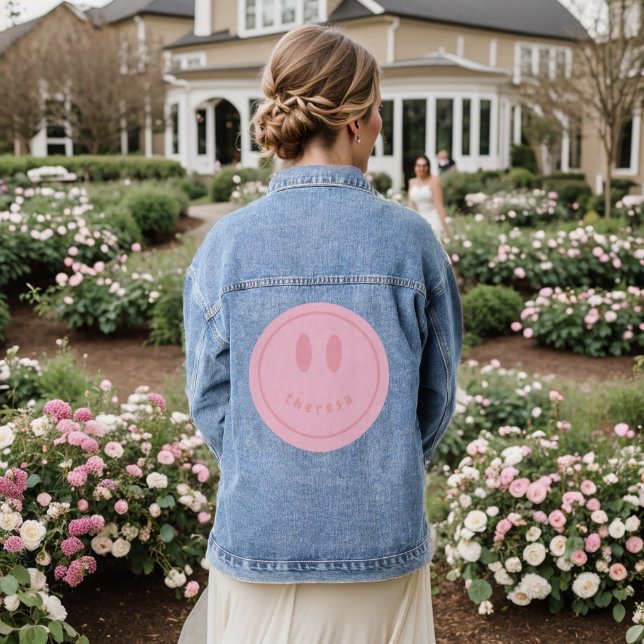 personalized smiley face happy smile name  denim jacket (Wedding Back)