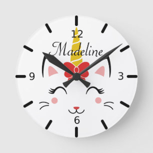 Personalized Smiling Caticorn With Bow Round Clock