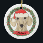 Personalized Smooth Cream Dachshund Ceramic Ornament<br><div class="desc">Make the nice list this year with a personalized Christmas ornament of your sweet smooth cream dachshund santa elf! For the sweetest gifts, pair it with a matching art print or another item from my collection!</div>